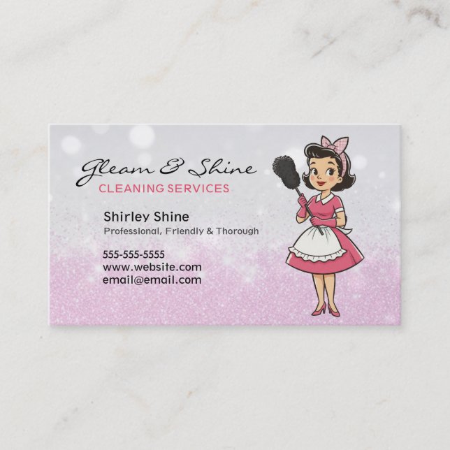 Tarjeta De Visita Servicio de limpieza Lady Cleaner Pink Sparkles Re (Anverso)
