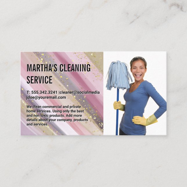 Tarjeta De Visita Servicio de limpieza | Lady Holding Mop (Anverso)