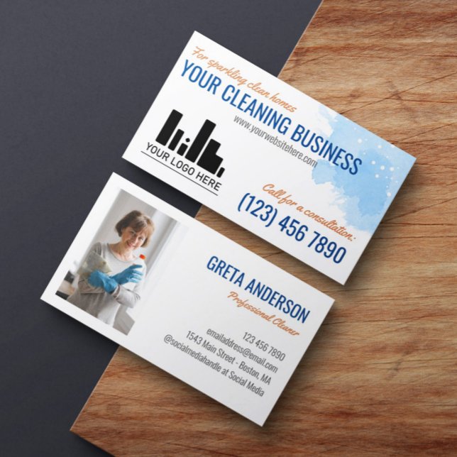 Tarjeta De Visita Servicio de limpieza logo naranja y azul acuarela  (Subido por el creador)