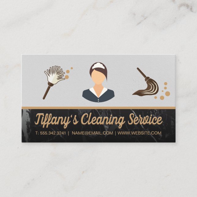 Tarjeta De Visita Servicio de limpieza | Maid Mop Duster | Mármol (Anverso)
