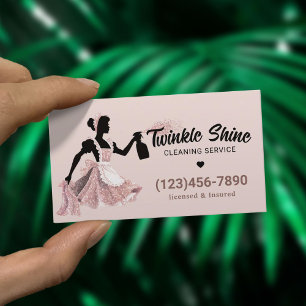 Tarjeta De Visita Servicio de limpieza moderno Rosa Rubor Maid Gold
