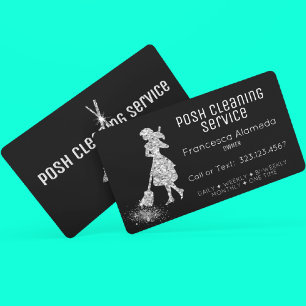 Tarjeta De Visita Servicio de limpieza Plantilla de plata negra + me