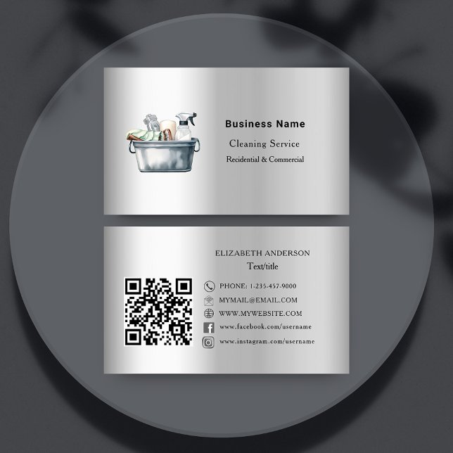 Tarjeta De Visita Servicio de limpieza plata código QR medios social (Subido por el creador)