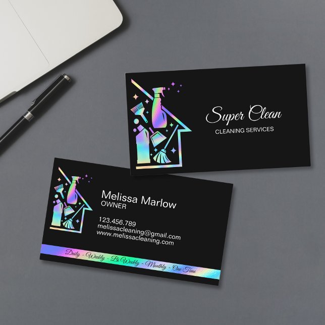 Tarjeta De Visita Servicio de limpieza profesional de la casa de lim (holographic foil cleaning utensils business card)