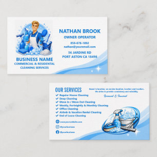 Tarjeta De Visita Servicio de limpieza profesional hombre rubio azul