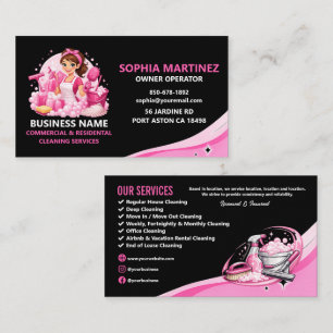 Tarjeta De Visita Servicio de Limpieza Profesional Rosa y Negro