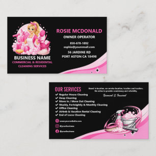 Tarjeta De Visita Servicio de Limpieza Profesional Rosa y Negro