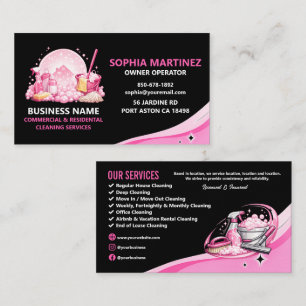 Tarjeta De Visita Servicio de Limpieza Profesional Rosa y Negro