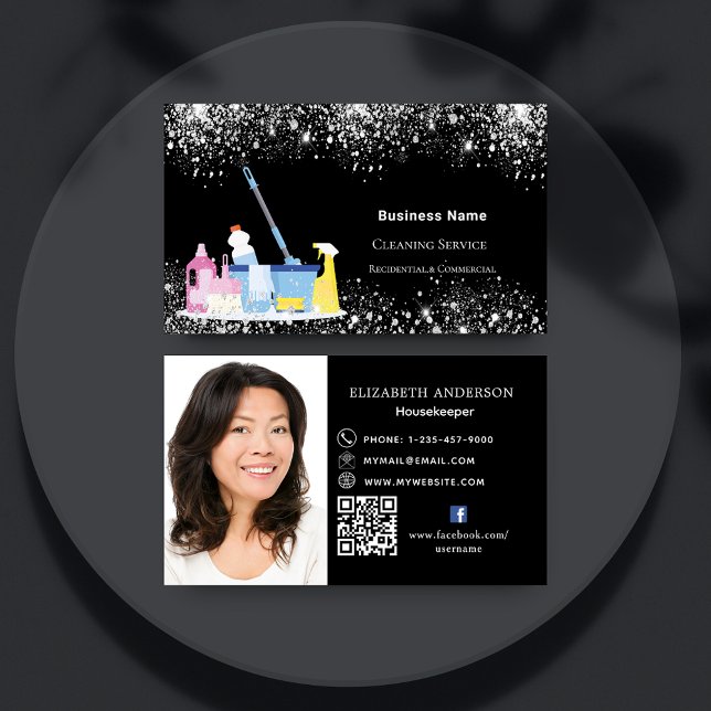 Tarjeta De Visita Servicio de limpieza purpurina negro polvo QR foto (Subido por el creador)