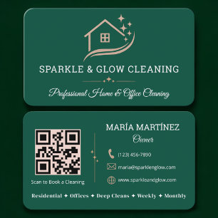 Tarjeta De Visita Servicio de limpieza QR Code verde profesional