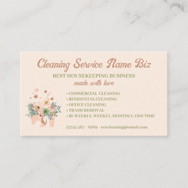 Tarjeta De Visita Servicio de limpieza Rubor Floral Janitorial (Anverso)