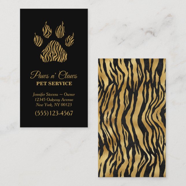 Tarjeta De Visita Servicio de Mascota Lux Gold Tiger Print Paw (Anverso / Reverso)