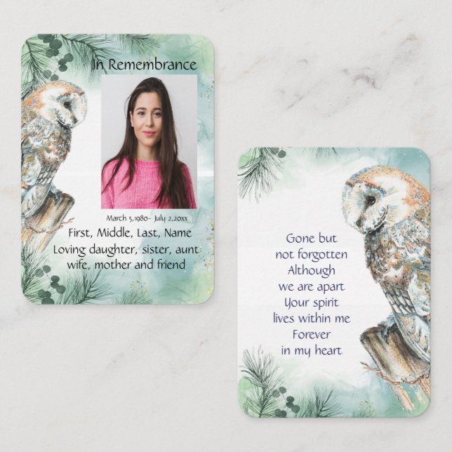 Tarjeta De Visita Servicio de memorias invitan a lechuza acuarela (Anverso / Reverso)