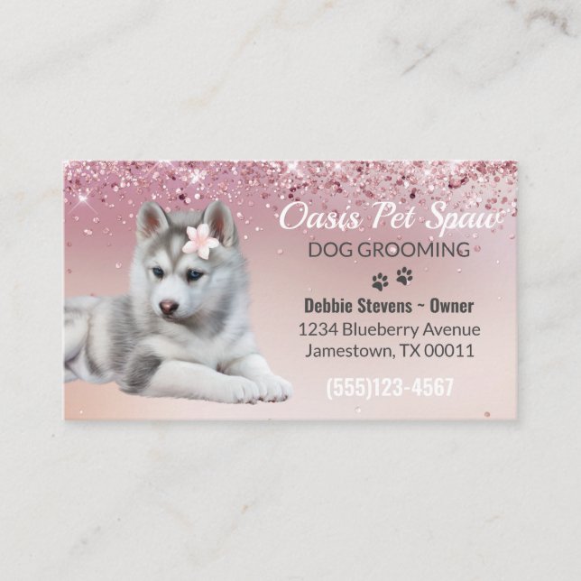 Tarjeta De Visita Servicio de Perro Groom, Purpurina Rosa de Rubor (Anverso)