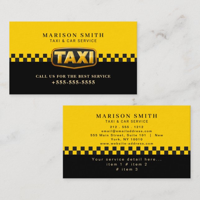 Tarjeta De Visita Servicio de Taxi Profesional  (Anverso / Reverso)