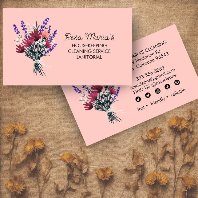Tarjeta De Visita Servicio de tintorería Floral Bouquet House Iconos (Floral Bouquet House Cleaning Service Social Icons Business Card
)
