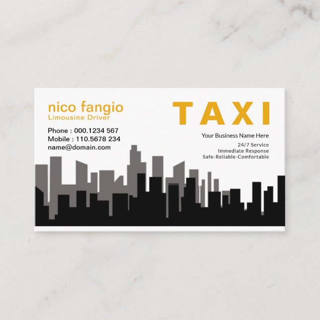 Tarjeta De Visita Servicio de Twilight Silhouette Taxi City Skyline (Anverso)