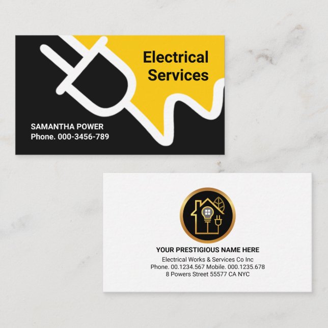 Tarjeta De Visita Servicio eléctrico de enchufe de potencia amarilla (Anverso / Reverso)