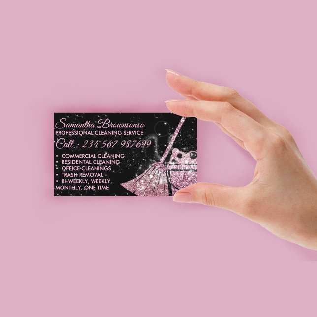 Tarjeta De Visita Servicio limpieza de lujo conserjería rosa negro (Black Pink Luxury Cleaning Service Maid Janitorial Business Card)