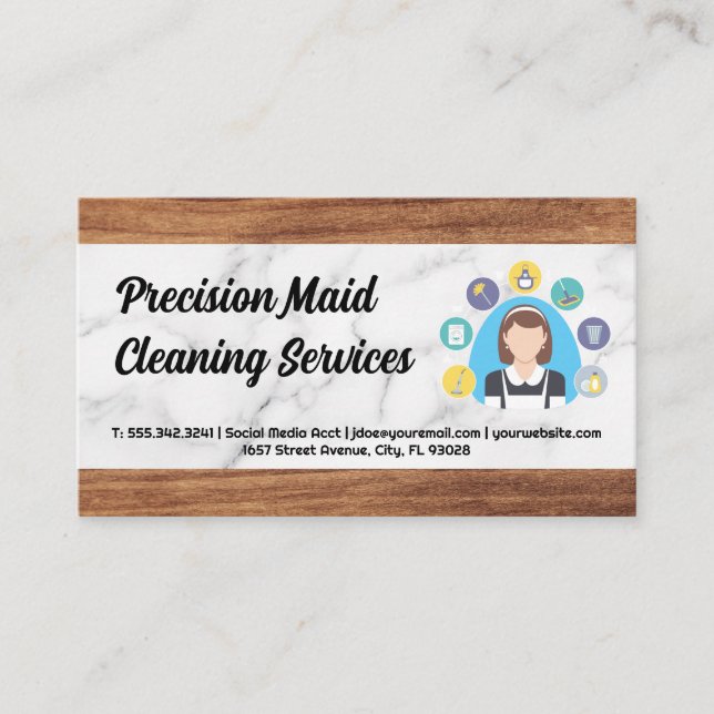 Tarjeta De Visita Servicio Maid Clásico | Wood Cleaner Hotel Service (Anverso)