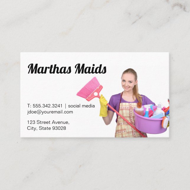 Tarjeta De Visita Servicio Maid | Limpieza de la escoba de Lady Hold (Anverso)