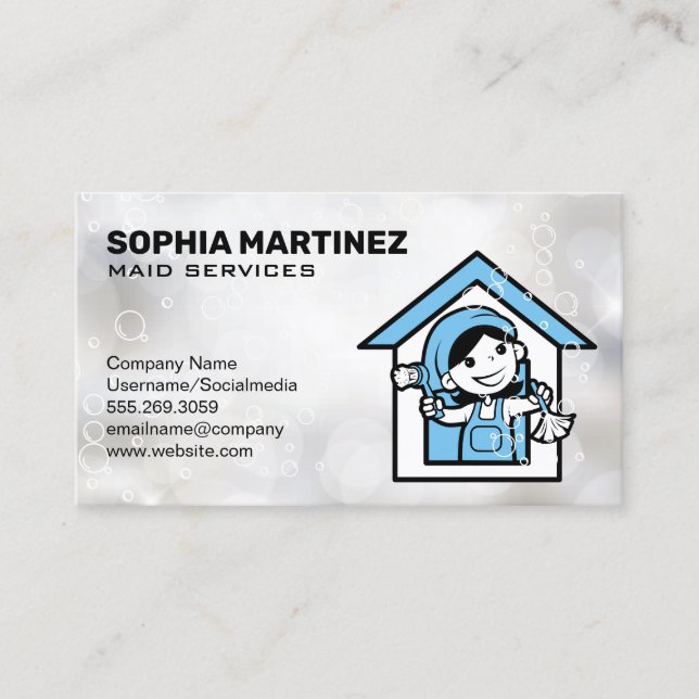 Tarjeta De Visita Servicio Maid | Mop y Broom | Baches de jabón (Anverso)