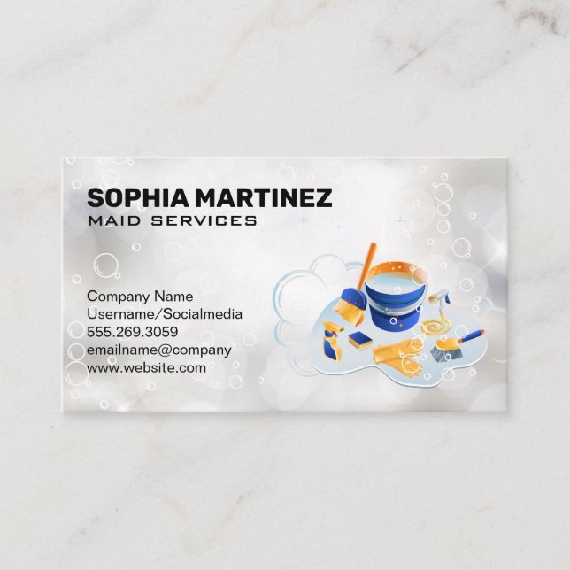 Tarjeta De Visita Servicio Maid | Mop y Broom | Burbujas espumosas (Anverso)