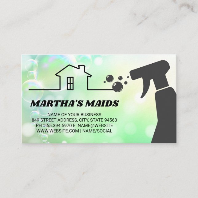 Tarjeta De Visita Servicio Maid | Spray de limpieza | Burbujas (Anverso)