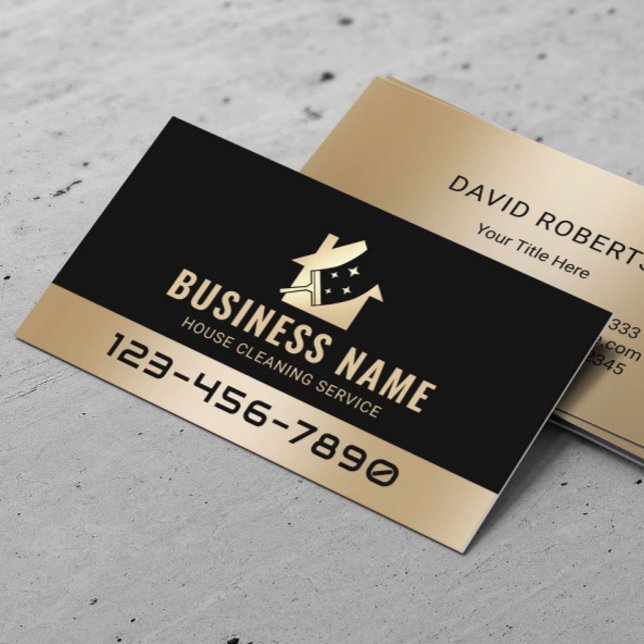 Tarjeta De Visita Servicio moderno de limpieza de casas - Negro y or (Subido por el creador)