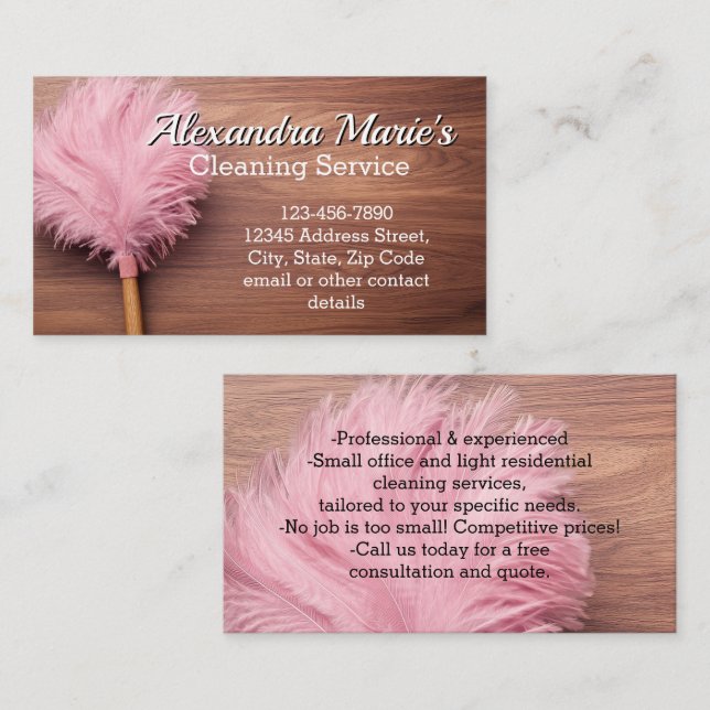 Tarjeta De Visita Servicio moderno de limpieza de plumas rosas (Anverso / Reverso)