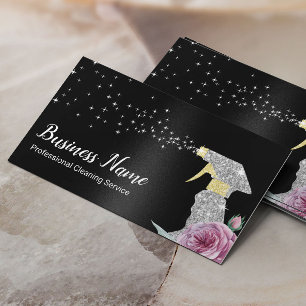 Tarjeta De Visita Servicio moderno de limpieza rociado de plata negr