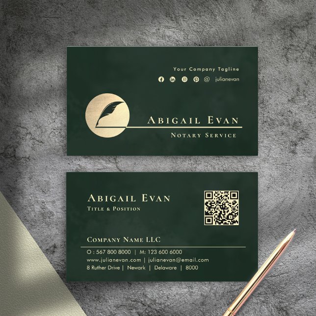 Tarjeta De Visita Servicio Notarial con Logo de Pluma de Oro Verde E (Emerald Green Gold Feather Logo Notary Service Business Card)