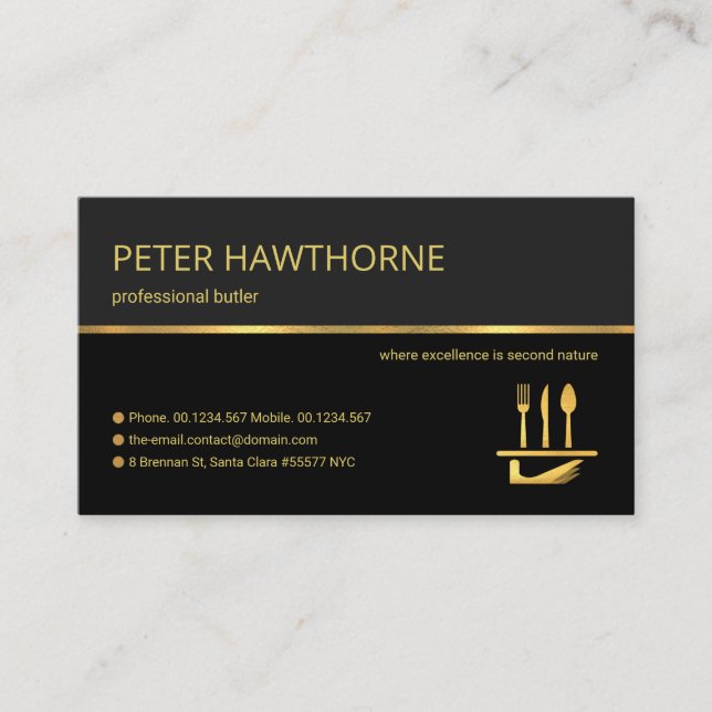 Tarjeta De Visita Servicio Retro Profesional Gold Line Stripe Butler (Anverso)