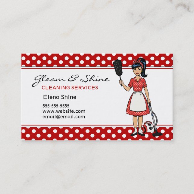 Tarjeta De Visita Servicio Retro Red Polka Dot Cleaner Lady (Anverso)