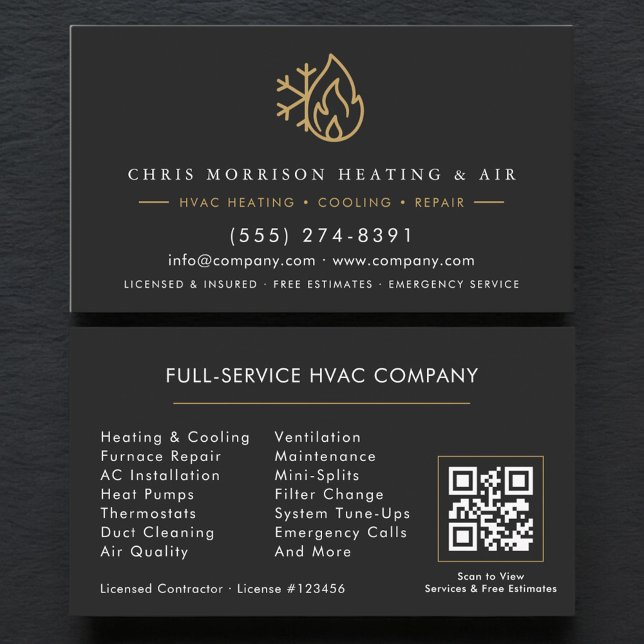 Tarjeta De Visita Servicios de HVAC Código QR Black Gold (Subido por el creador)