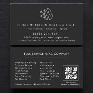 Tarjeta De Visita Servicios de HVAC Código QR Negro Plata