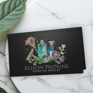 Tarjeta De Visita Servicios de limpieza - Arte floral dorado