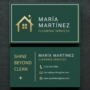 Tarjeta De Visita Servicios de Limpieza Casa Esmeralda Verde y Dorad