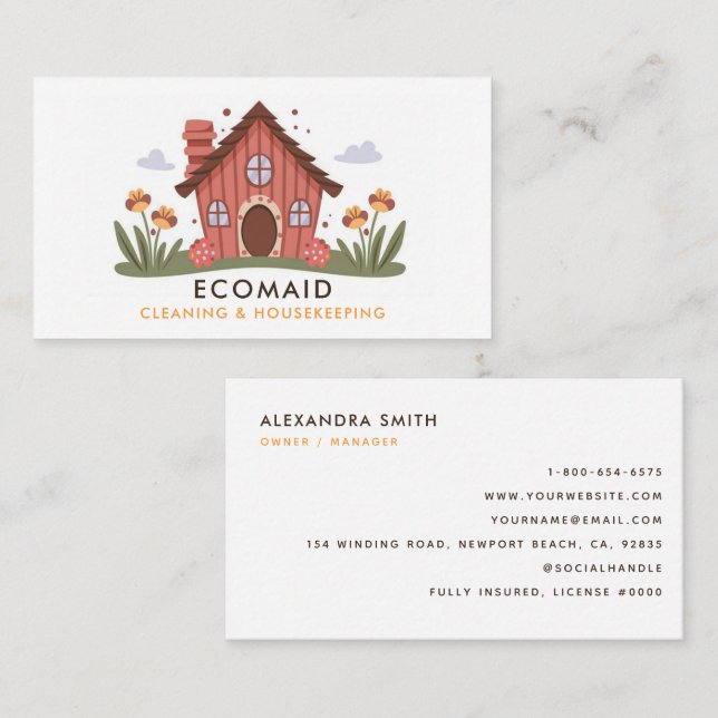 Tarjeta De Visita Servicios de limpieza Casa Retro Cute House (Anverso / Reverso)