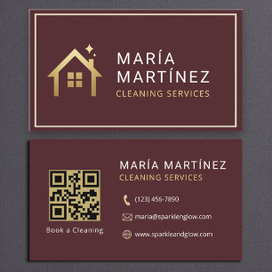 Tarjeta De Visita Servicios de limpieza con código QR Burdeos Dorado