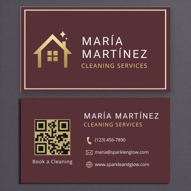 Tarjeta De Visita Servicios de limpieza con código QR Burdeos Dorado (Subido por el creador)