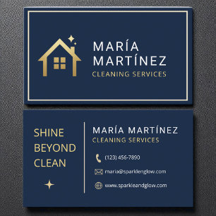 Tarjeta De Visita Servicios de limpieza de casas azul marino y dorad
