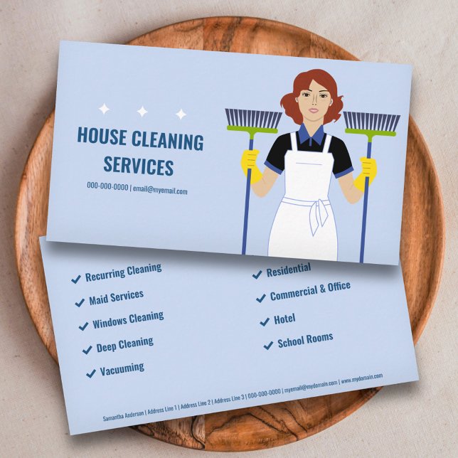 Tarjeta De Visita Servicios de limpieza de casas personalizados (Cartoon House Cleaning Services Business Card)