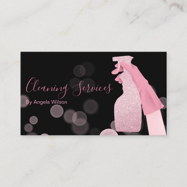 Tarjeta De Visita Servicios de limpieza de casas Purpurina negro ros (Anverso)