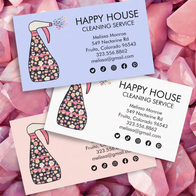 Tarjeta De Visita Servicios de limpieza de la casa Botella Janitor D (Daisy floral spray bottle custom cleaning services business card with social media icons.)
