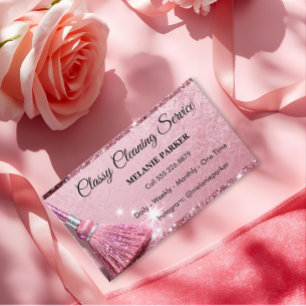 Tarjeta De Visita Servicios de limpieza elegantes con brillo rosa
