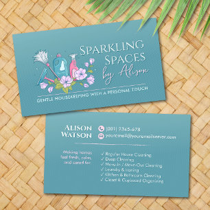 Tarjeta De Visita Servicios de limpieza - Floral elegante en azul tu