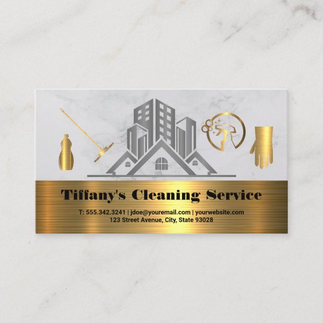 Tarjeta De Visita Servicios de limpieza | Iconos metálicos de oro (Anverso)