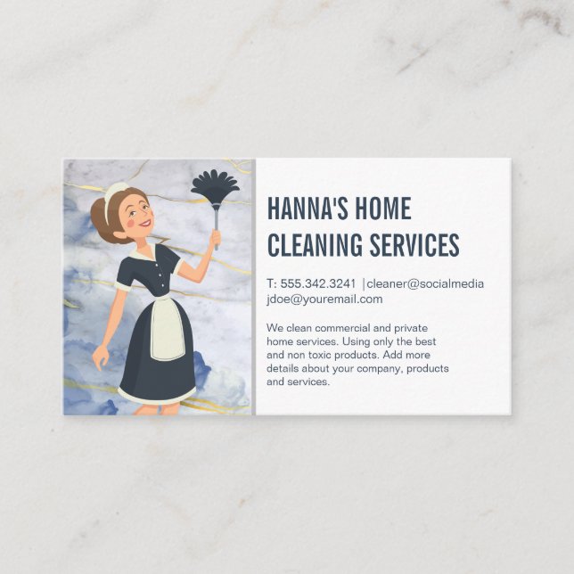 Tarjeta De Visita Servicios de limpieza | Maid con Feather Duster (Anverso)