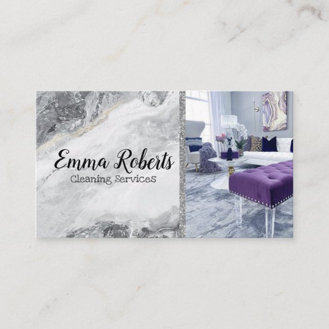 Tarjeta De Visita Servicios de limpieza | Maid Service Silver Marble (Anverso)